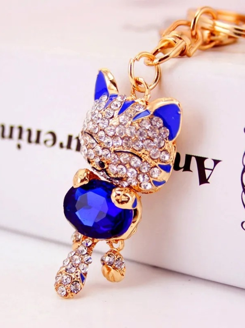 Gold-Tone Blue Crystal Cat Key Chain